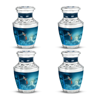 Misty Blue Basketball Cremation Urn back view with polished surface - modern art-inspired basketball motif on sleek aluminum - 10 inch aluminum urn for cremated remains