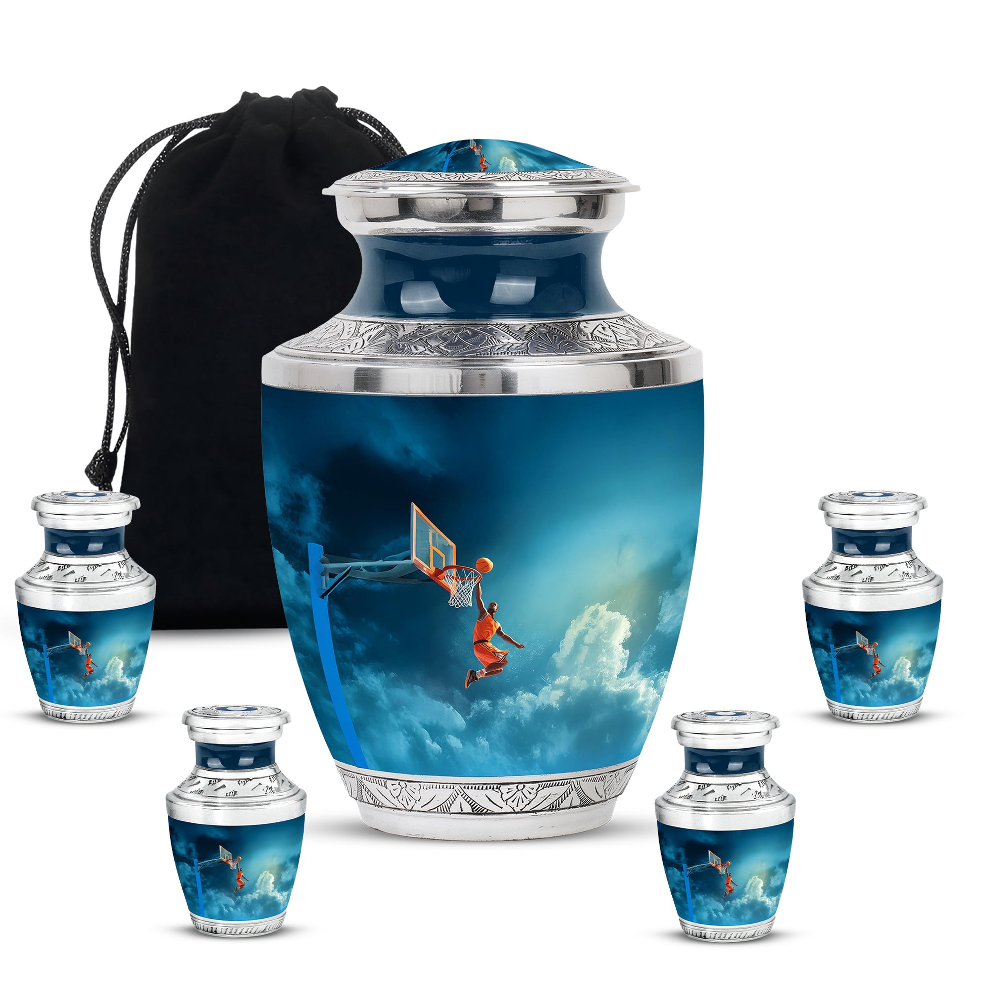 Celestial Blue Basketball Cremation Urn lifestyle display on memorial shelf - contemporary basketball design with modern artistic flair - memorial set with one large and four small urns