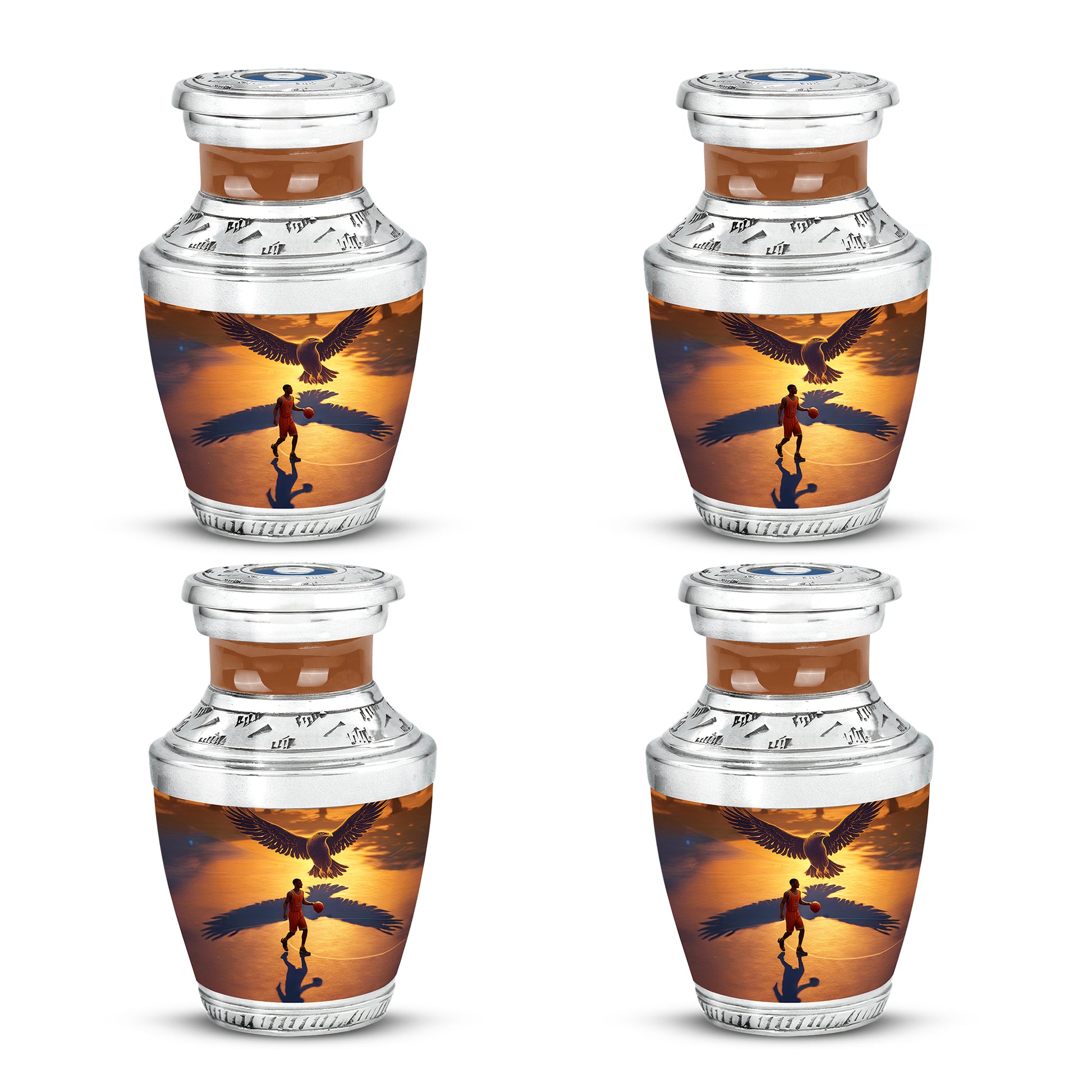 Sunrise Gold Basketball Cremation Urn back view with polished surface - contemporary basketball design with modern artistic flair - 10 inch aluminum urn for cremated remains