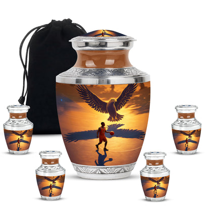 Antique Gold Basketball Cremation Urn lifestyle display on memorial shelf - contemporary basketball design with modern artistic flair - memorial set with one large and four small urns