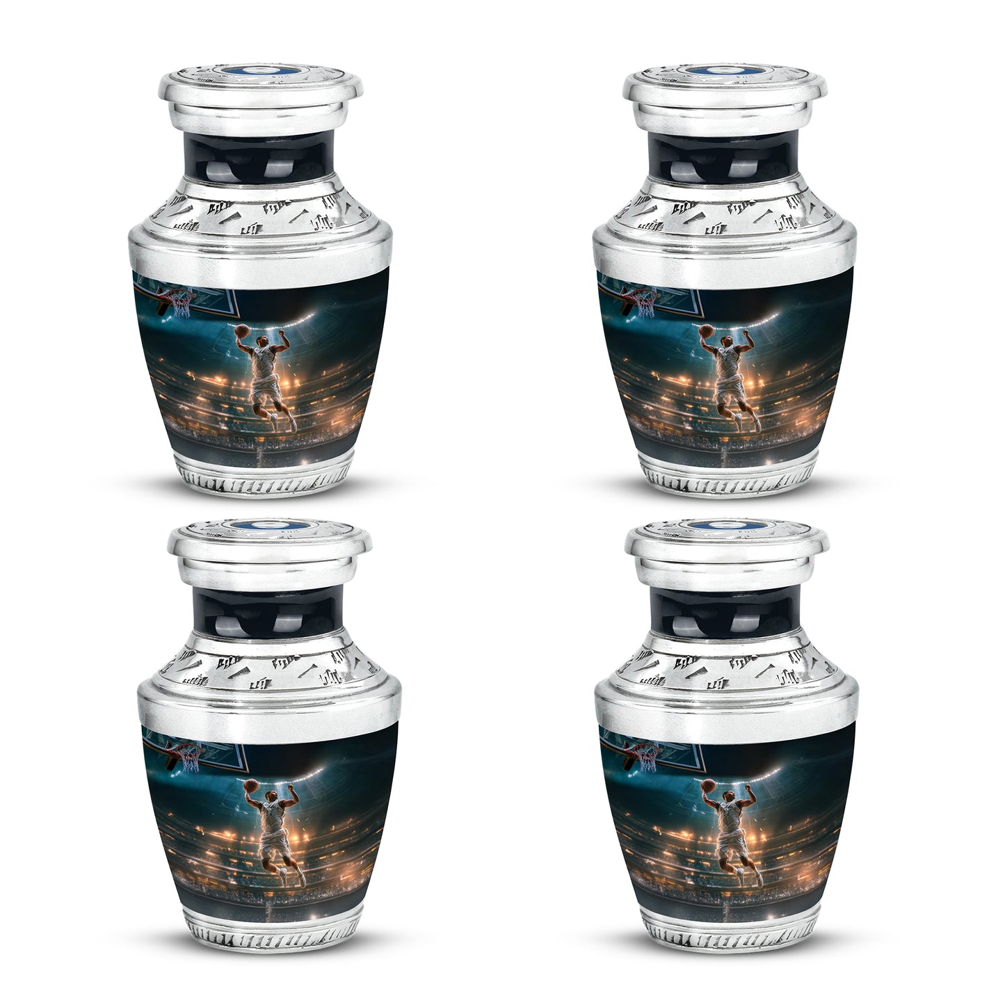 Aqua Teal Basketball Cremation Urn back view with polished surface - stylized abstract basketball pattern with bold lines - 10 inch aluminum urn for cremated remains