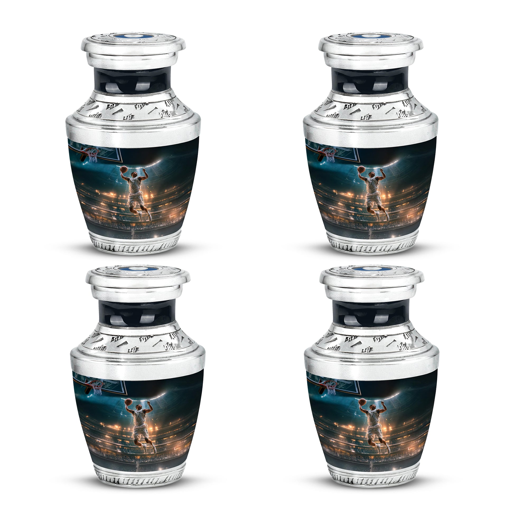 Aqua Teal Basketball Cremation Urn back view with polished surface - stylized abstract basketball pattern with bold lines - 10 inch aluminum urn for cremated remains