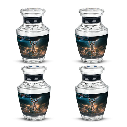 Aqua Teal Basketball Cremation Urn back view with polished surface - stylized abstract basketball pattern with bold lines - 10 inch aluminum urn for cremated remains