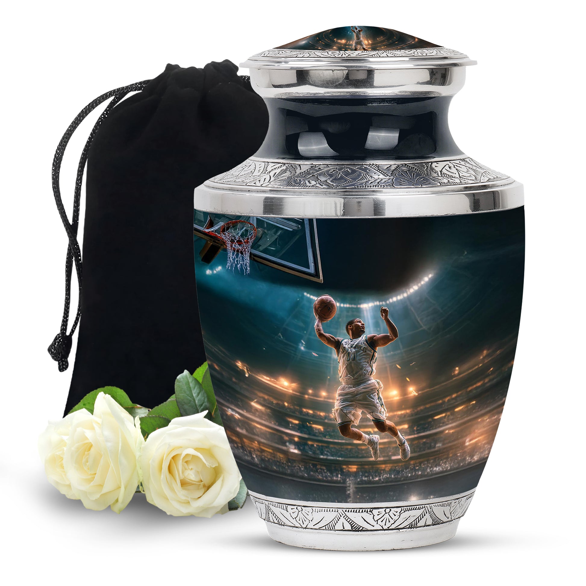 Aqua Teal Basketball Cremation Urn side profile showing urn shape - artistic basketball interpretation with creative detail - full-size 10 inch 200 cubic inch adult cremation urn
