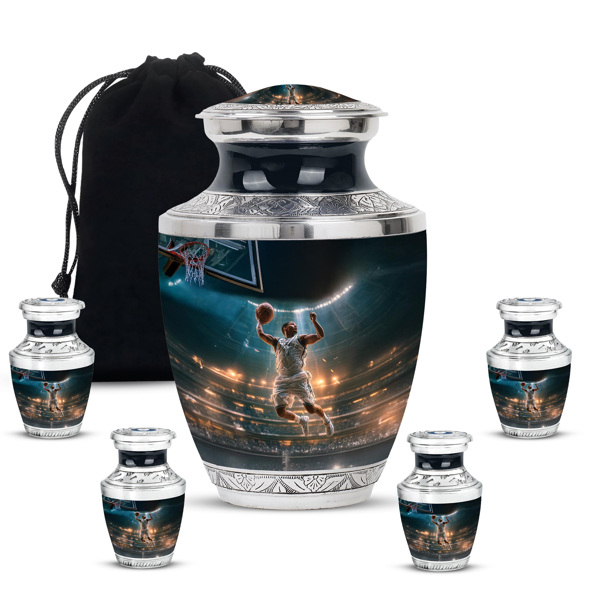 Mystic Teal Basketball Cremation Urn lifestyle display on memorial shelf - artistic basketball interpretation with creative detail - memorial set with one large and four small urns