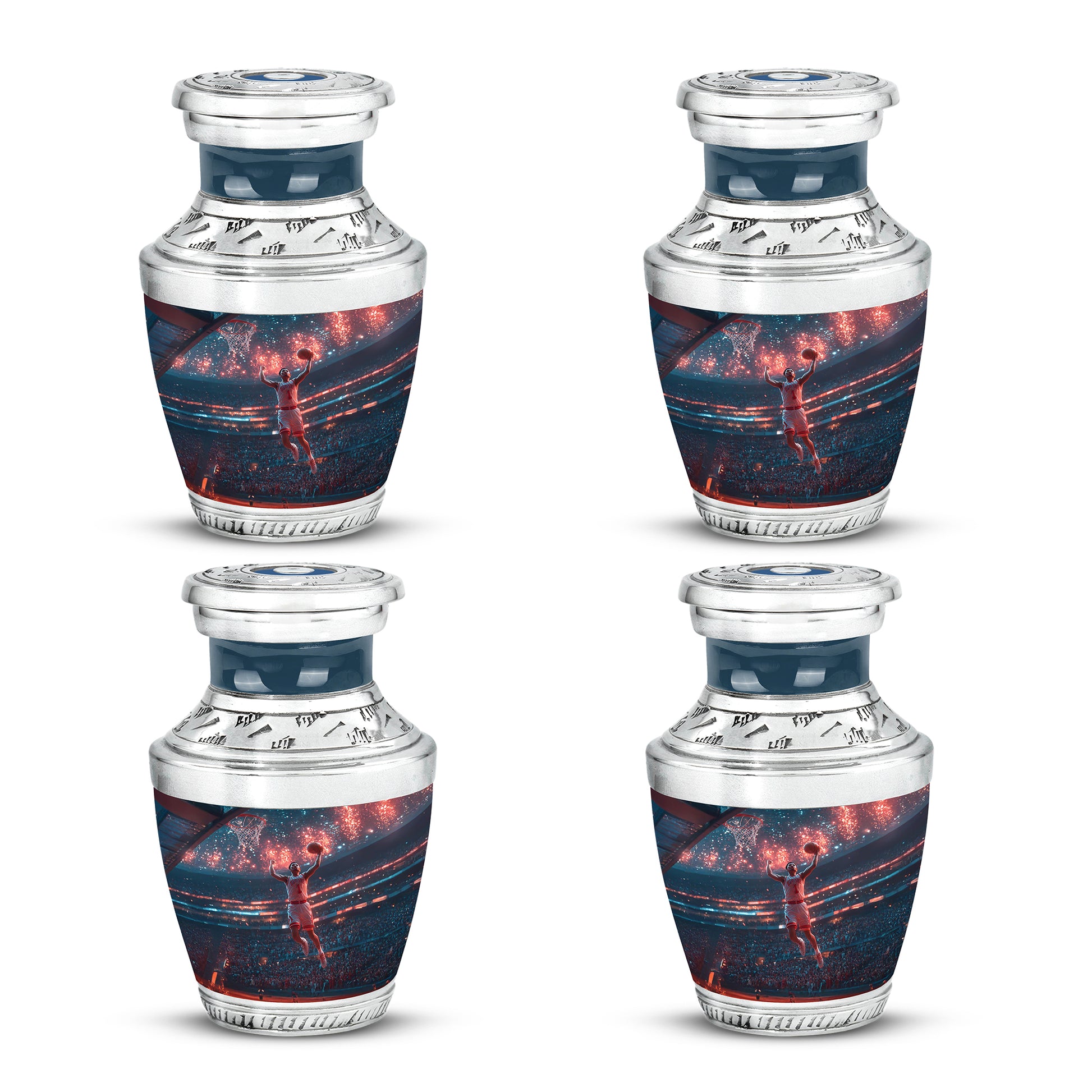 Powder Blue Basketball Cremation Urn back view with polished surface - contemporary basketball design with modern artistic flair - 10 inch aluminum urn for cremated remains