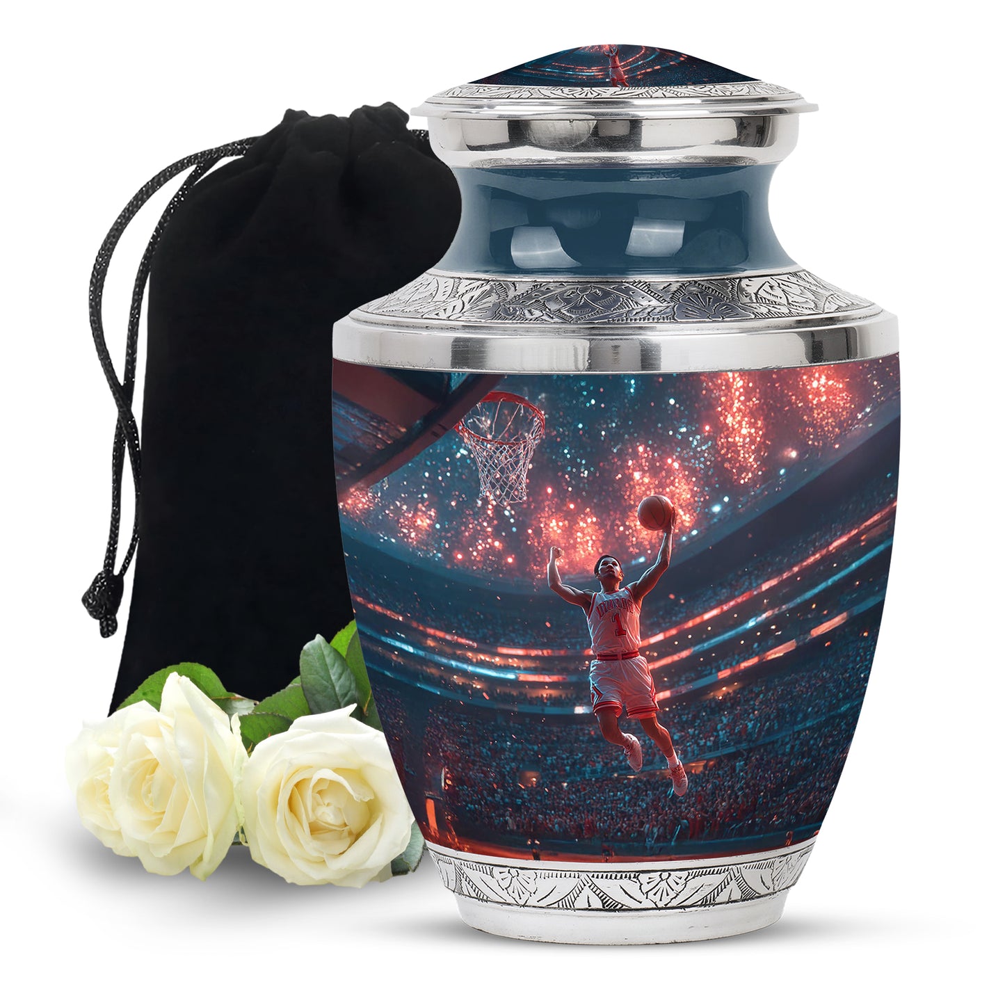 Powder Blue Basketball Cremation Urn side profile showing urn shape - contemporary basketball design with modern artistic flair - full-size 10 inch 200 cubic inch adult cremation urn