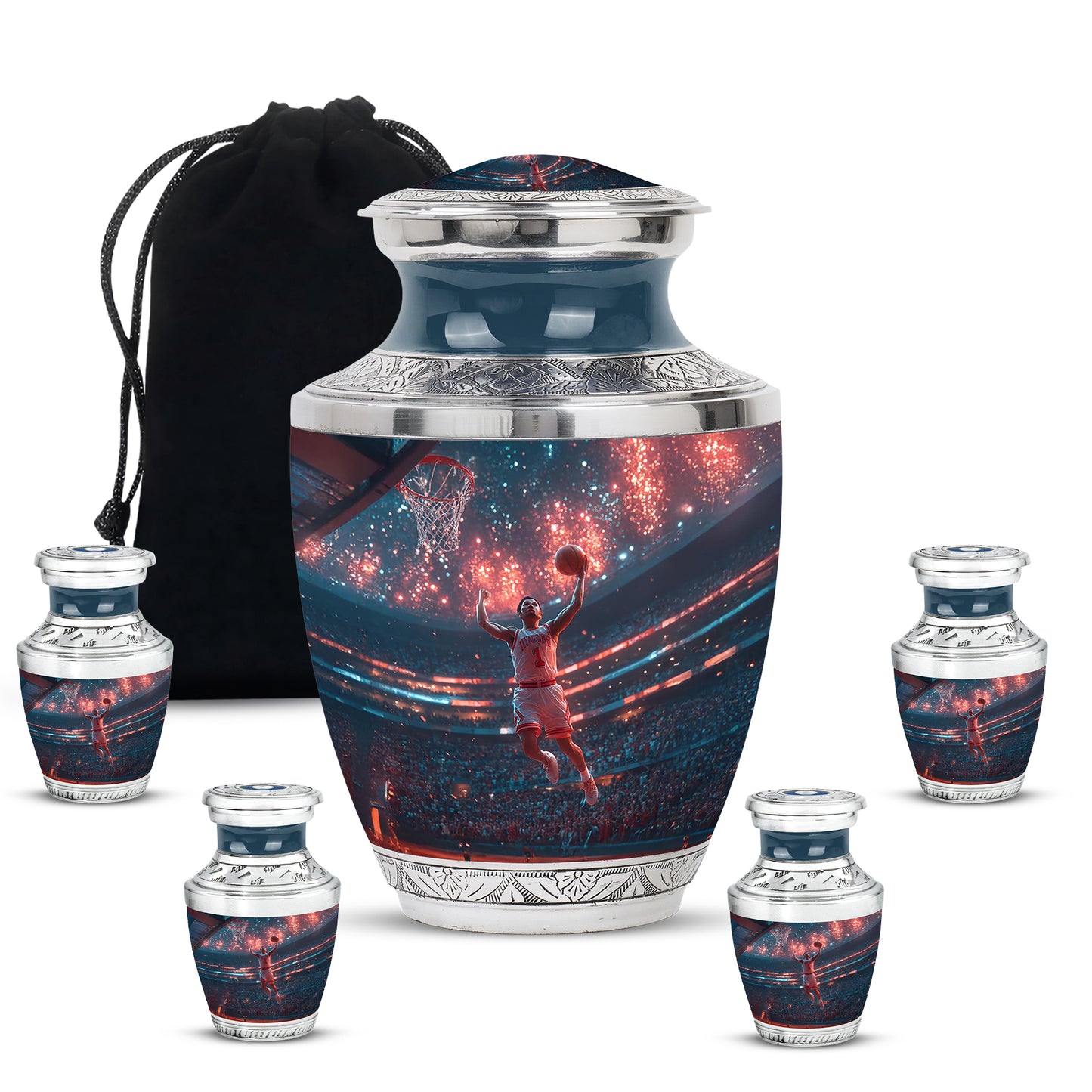 Calming Blue Basketball Cremation Urn lifestyle display on memorial shelf - stylized abstract basketball pattern with bold lines - memorial set with one large and four small urns
