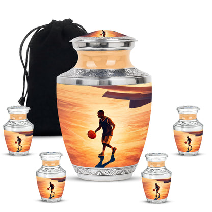 Gilded Gold Basketball Cremation Urn lifestyle display on memorial shelf - modern art-inspired basketball motif on sleek aluminum - memorial set with one large and four small urns