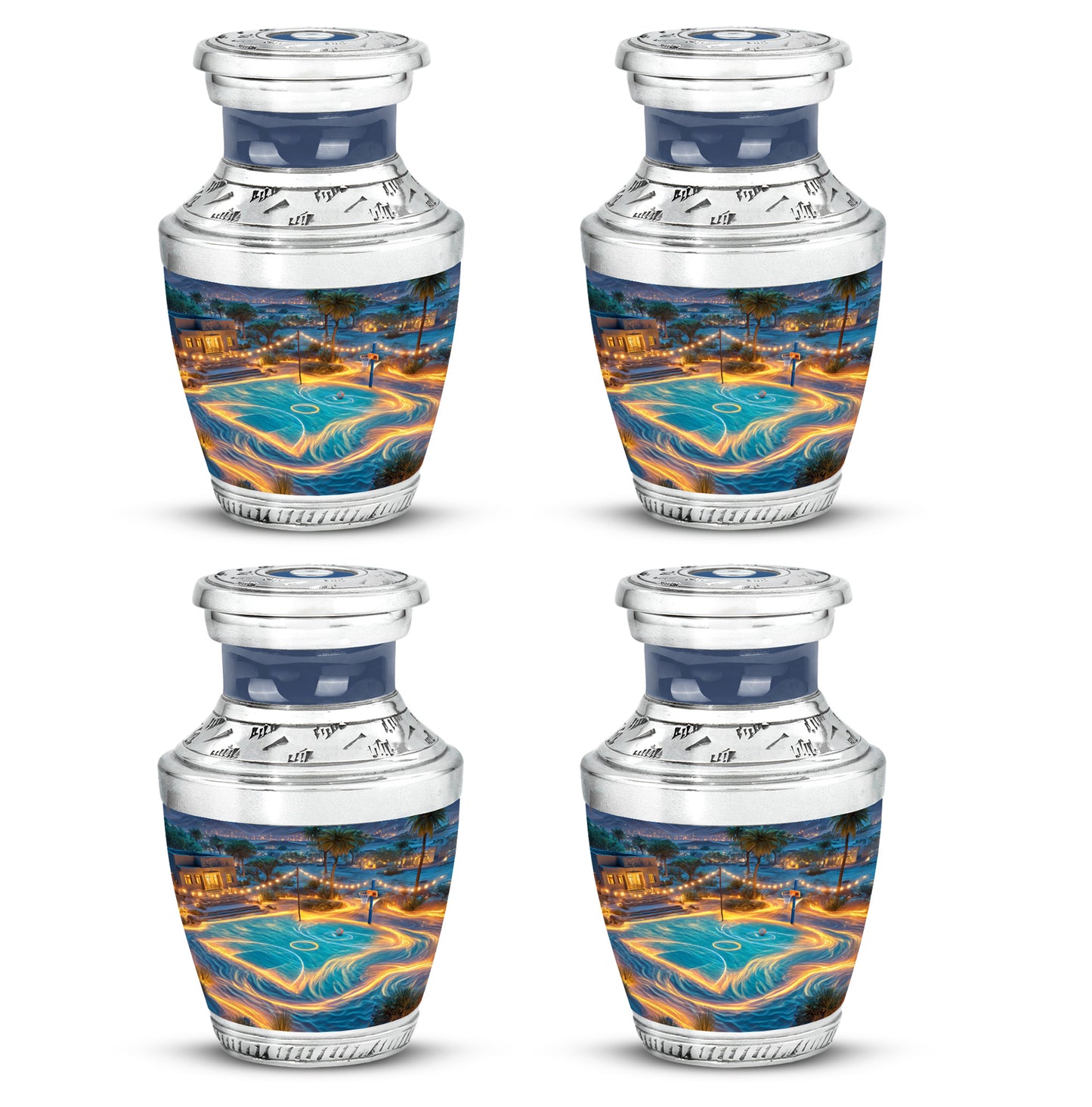 Indigo Basketball Cremation Urn back view with polished surface - contemporary basketball design with modern artistic flair - 10 inch aluminum urn for cremated remains