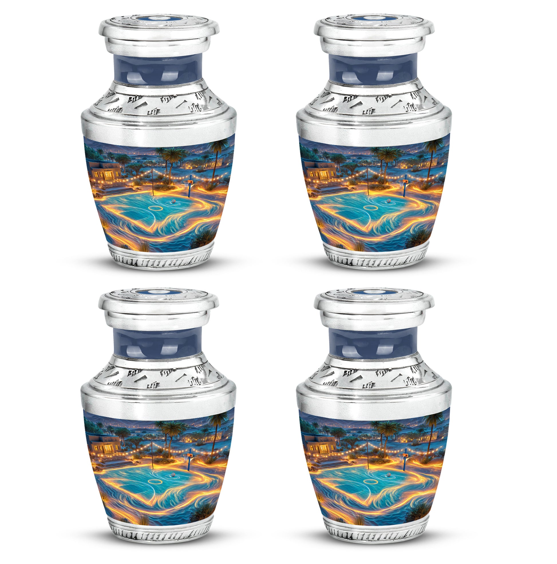 Indigo Basketball Cremation Urn back view with polished surface - contemporary basketball design with modern artistic flair - 10 inch aluminum urn for cremated remains