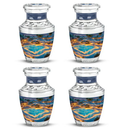Indigo Basketball Cremation Urn back view with polished surface - contemporary basketball design with modern artistic flair - 10 inch aluminum urn for cremated remains