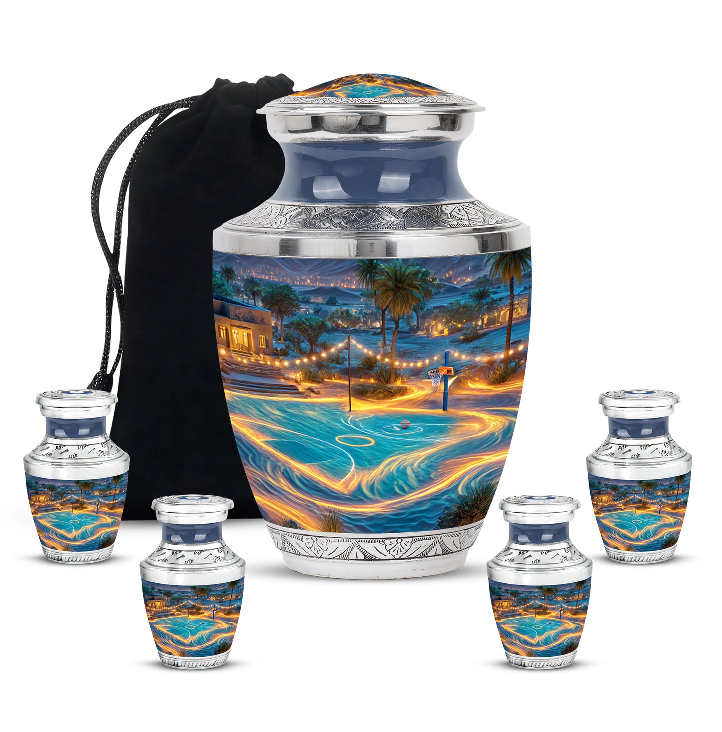Calming Blue Basketball Cremation Urn lifestyle display on memorial shelf - stylized abstract basketball pattern with bold lines - memorial set with one large and four small urns
