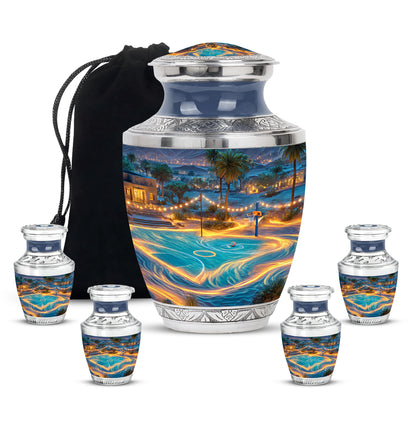 Calming Blue Basketball Cremation Urn lifestyle display on memorial shelf - stylized abstract basketball pattern with bold lines - memorial set with one large and four small urns
