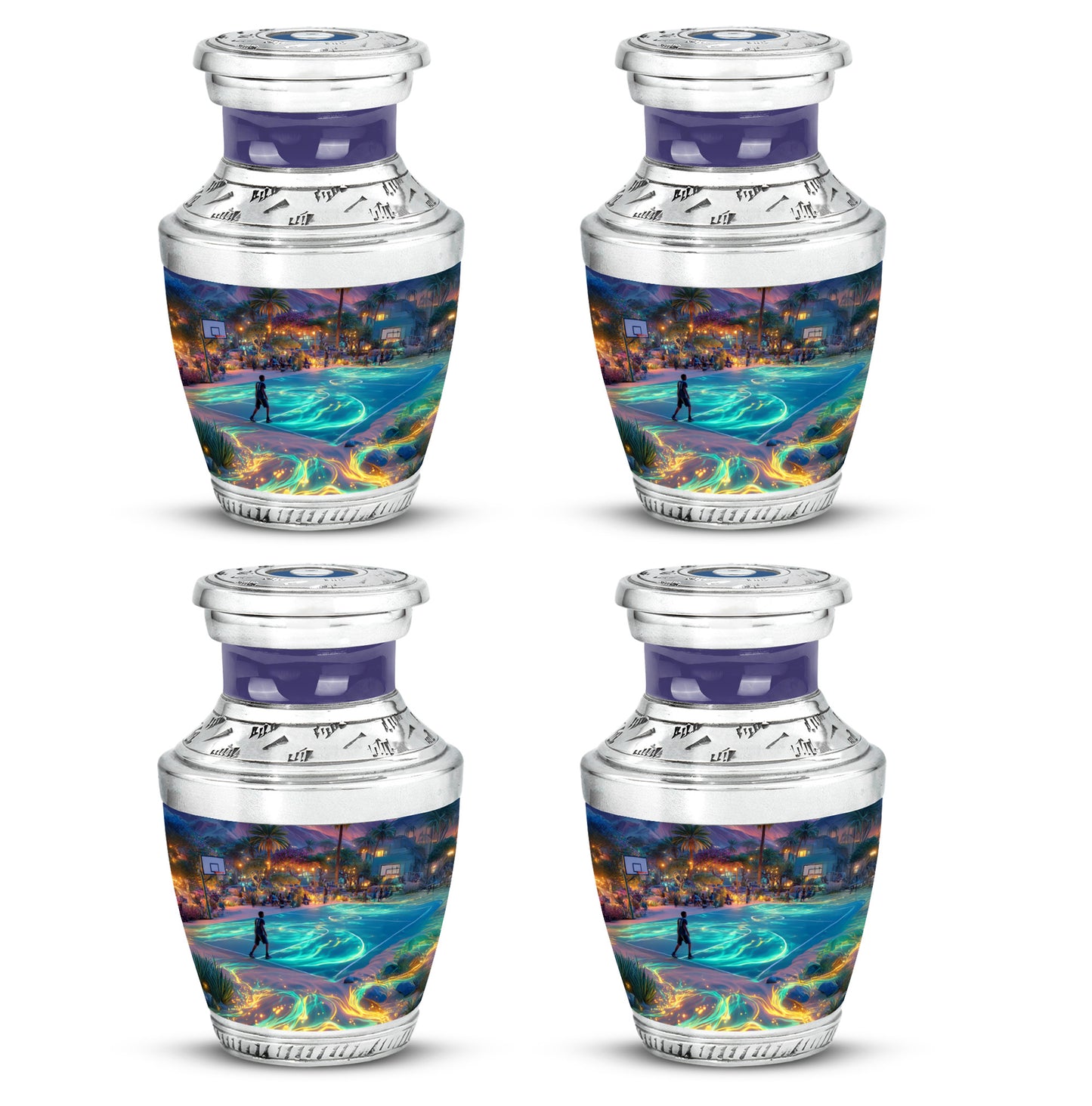 Twilight Blue Basketball Cremation Urn back view with polished surface - stylized abstract basketball pattern with bold lines - 10 inch aluminum urn for cremated remains