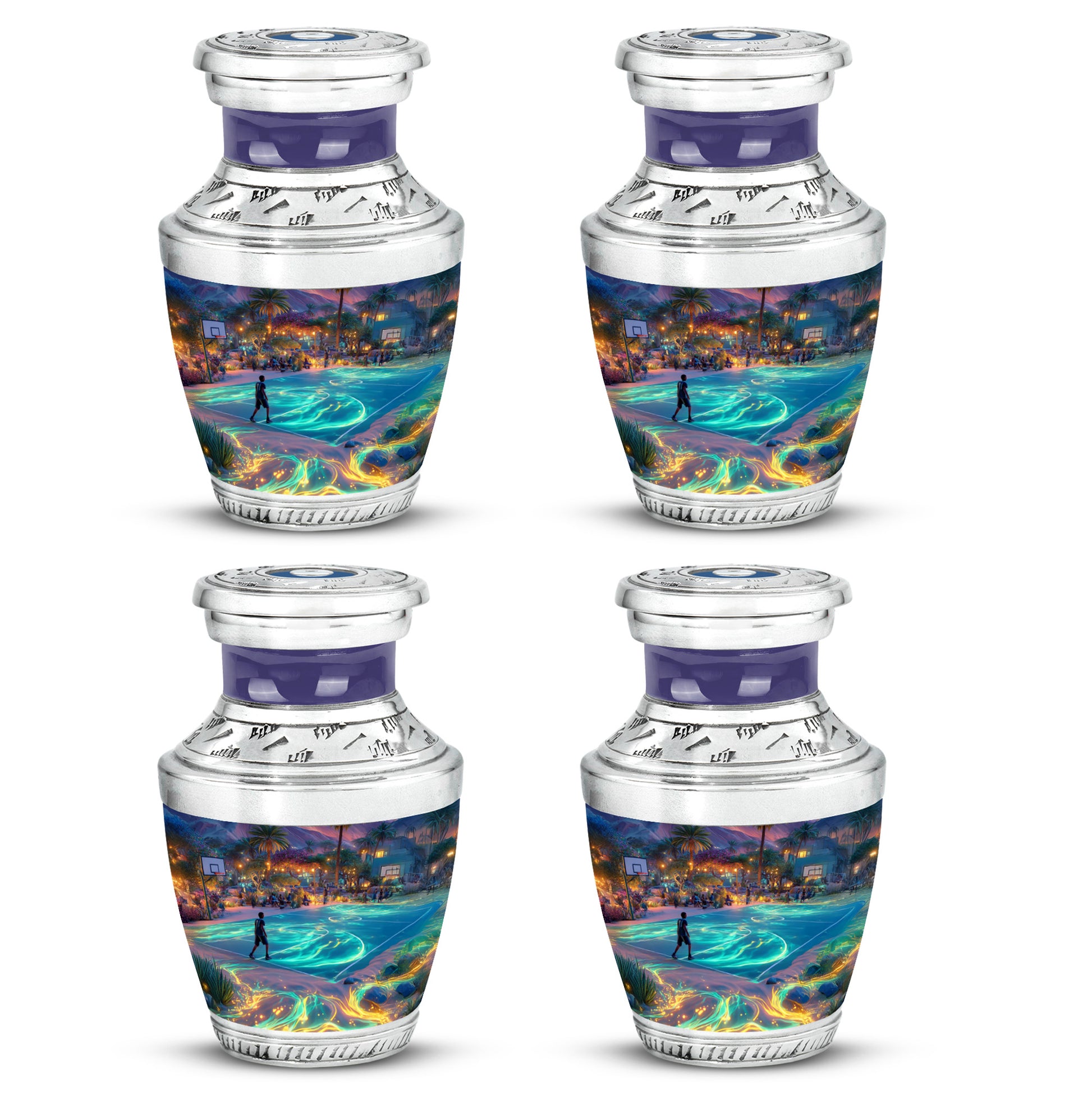 Twilight Blue Basketball Cremation Urn back view with polished surface - stylized abstract basketball pattern with bold lines - 10 inch aluminum urn for cremated remains