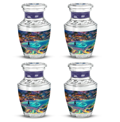 Twilight Blue Basketball Cremation Urn back view with polished surface - stylized abstract basketball pattern with bold lines - 10 inch aluminum urn for cremated remains
