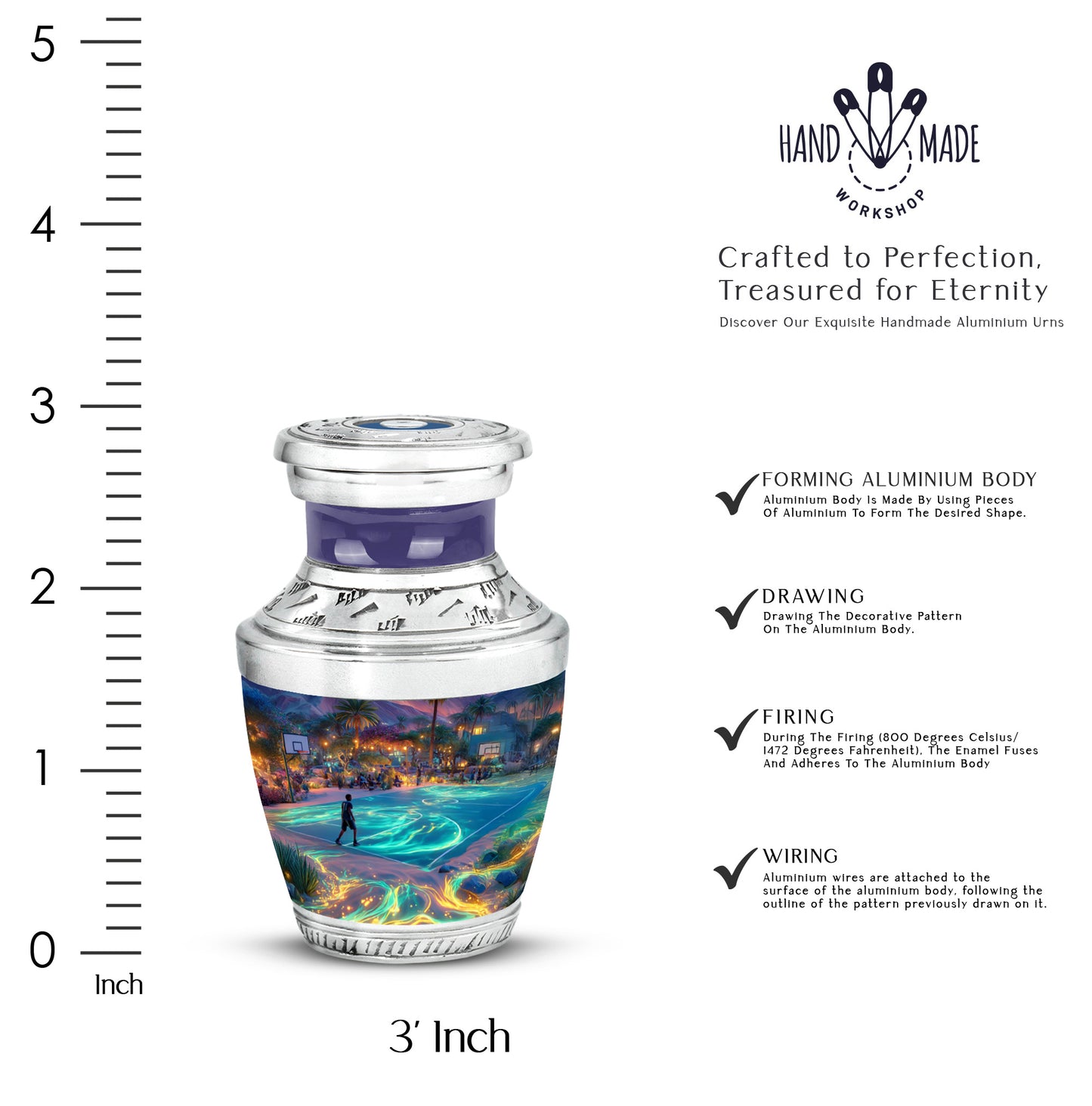 Twilight Blue Basketball Cremation Urn top-down view of secure threaded lid - artistic basketball interpretation with creative detail - mini keepsake memorial for portion of cremation ashes