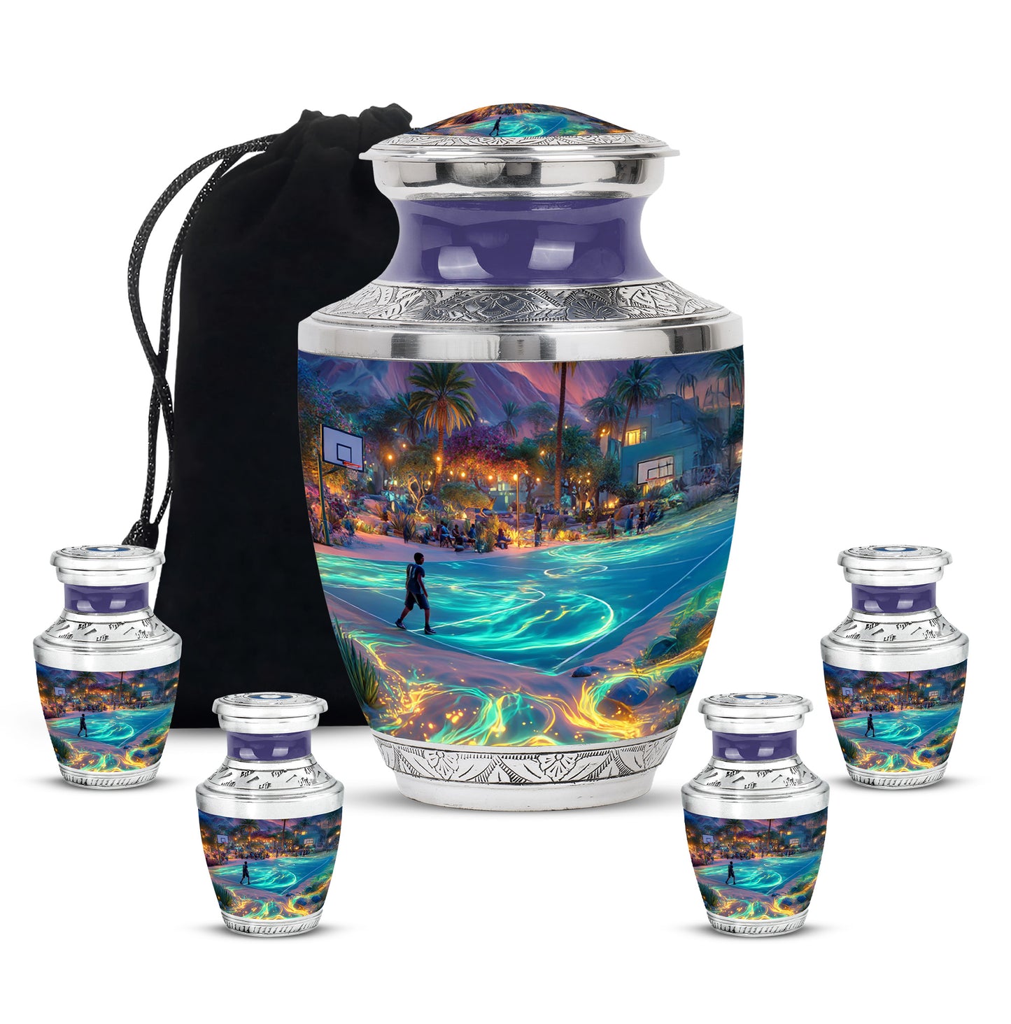 Sky Blue Basketball Cremation Urn lifestyle display on memorial shelf - contemporary basketball design with modern artistic flair - memorial set with one large and four small urns