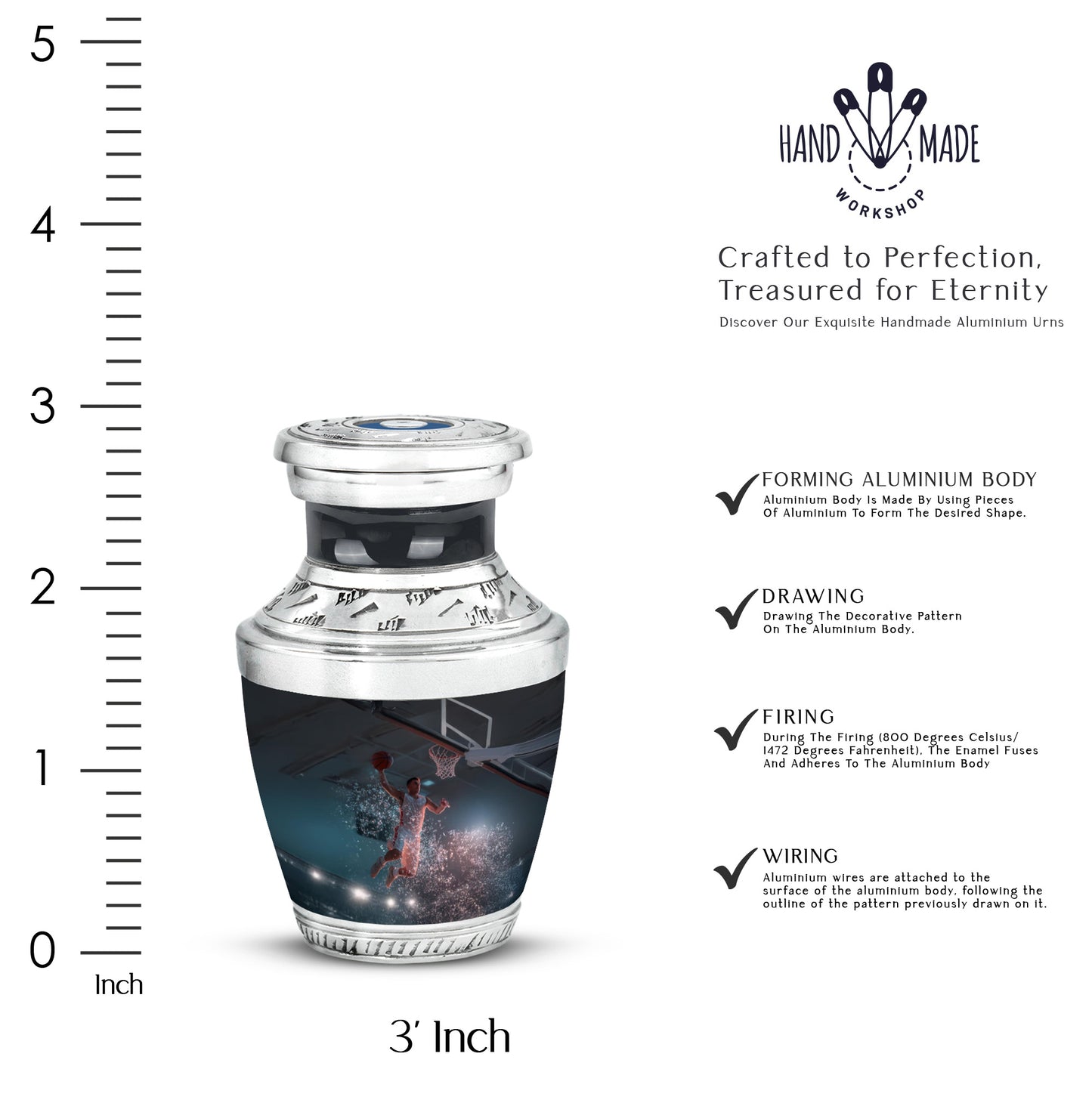 Deep Black Basketball Cremation Urn top-down view of secure threaded lid - modern art-inspired basketball motif on sleek aluminum - mini keepsake memorial for portion of cremation ashes