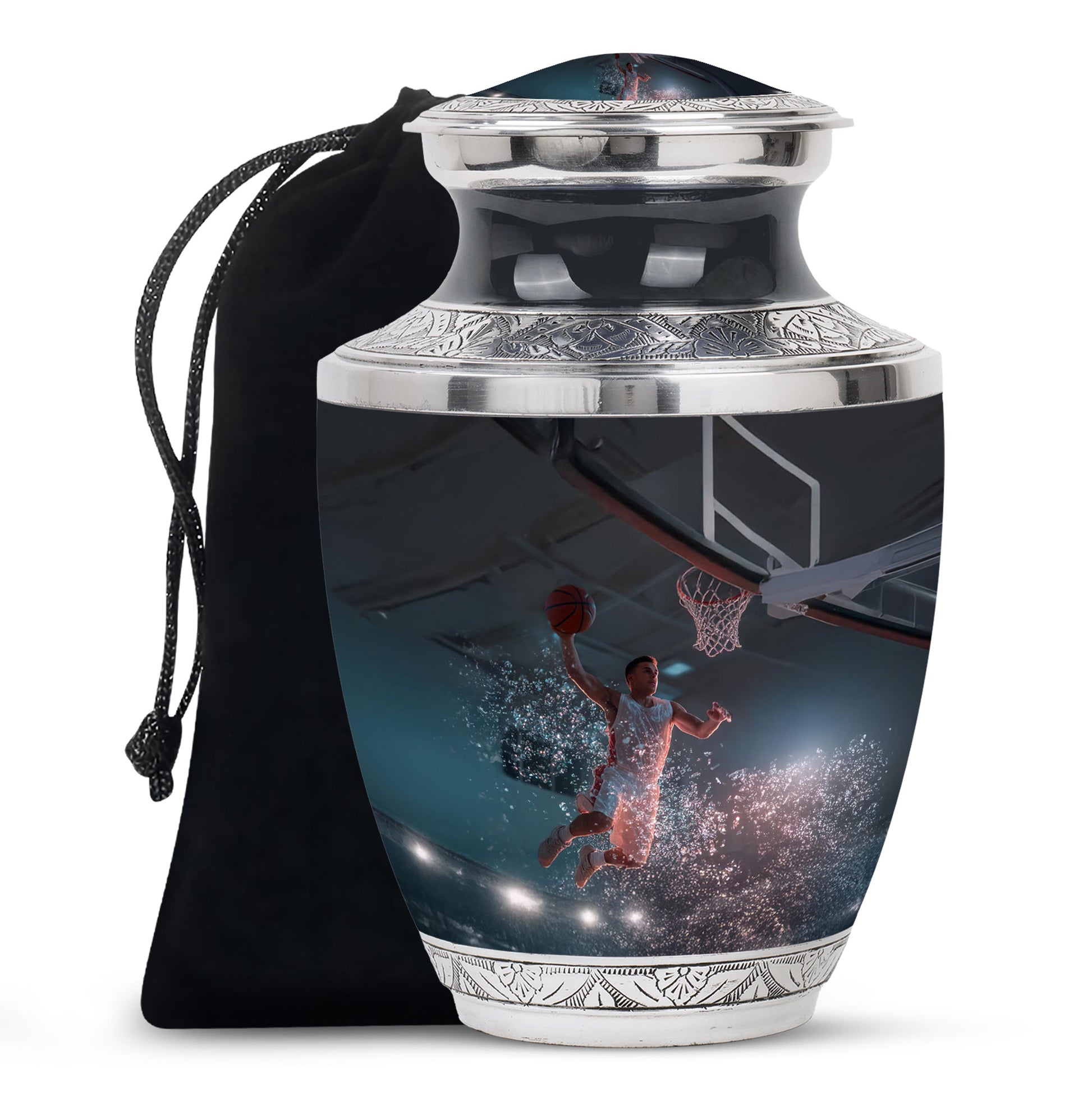 Charcoal Black Basketball Cremation Urn side profile showing urn shape - artistic basketball interpretation with creative detail - full-size 10 inch 200 cubic inch adult cremation urn