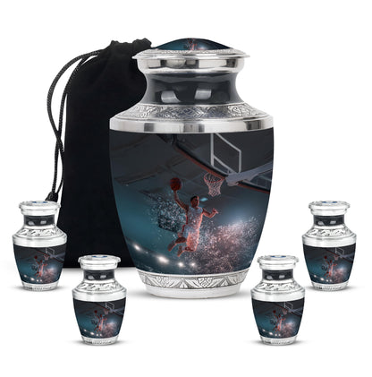 Midnight Black Basketball Cremation Urn lifestyle display on memorial shelf - artistic basketball interpretation with creative detail - memorial set with one large and four small urns