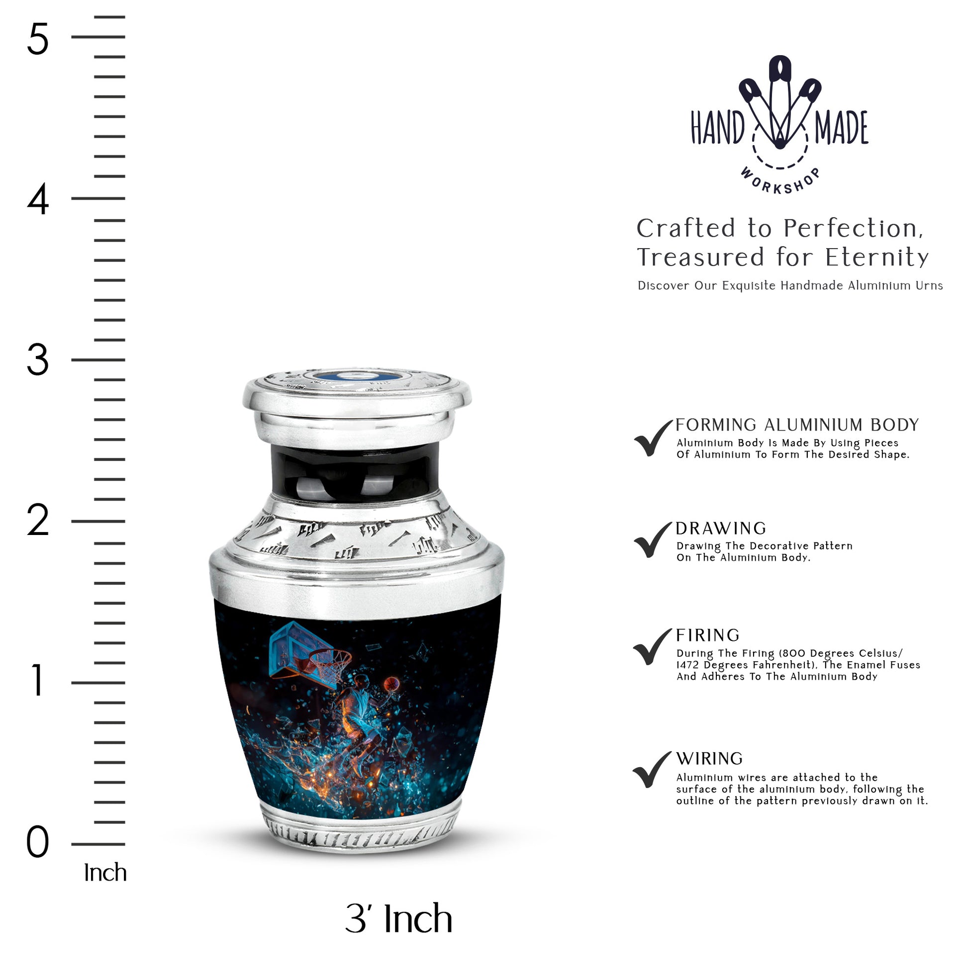 Rich Black Basketball Cremation Urn top-down view of secure threaded lid - contemporary basketball design with modern artistic flair - mini keepsake memorial for portion of cremation ashes