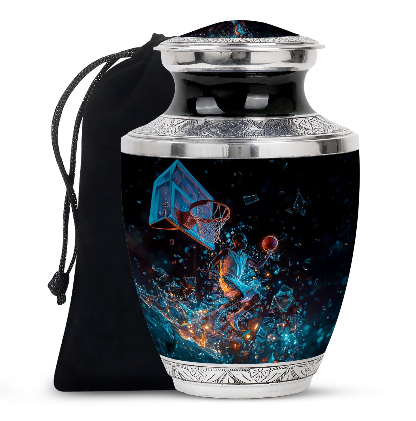 Deep Black Basketball Cremation Urn side profile showing urn shape - contemporary basketball design with modern artistic flair - full-size 10 inch 200 cubic inch adult cremation urn
