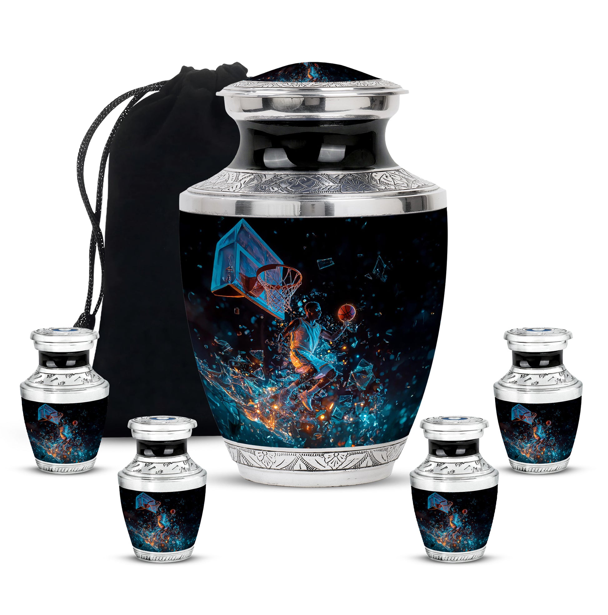 Midnight Black Basketball Cremation Urn lifestyle display on memorial shelf - stylized abstract basketball pattern with bold lines - memorial set with one large and four small urns