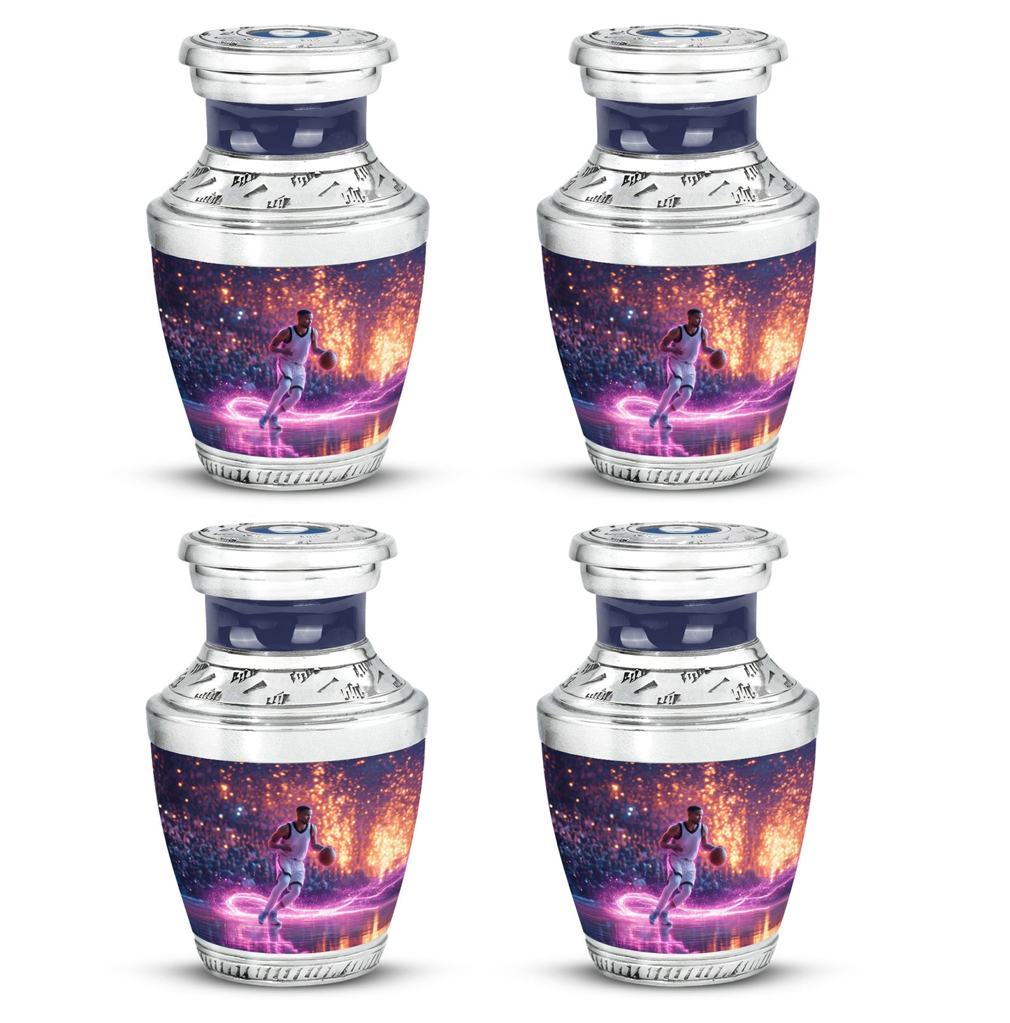 Dusty Blue Basketball Cremation Urn back view with polished surface - contemporary basketball design with modern artistic flair - 10 inch aluminum urn for cremated remains