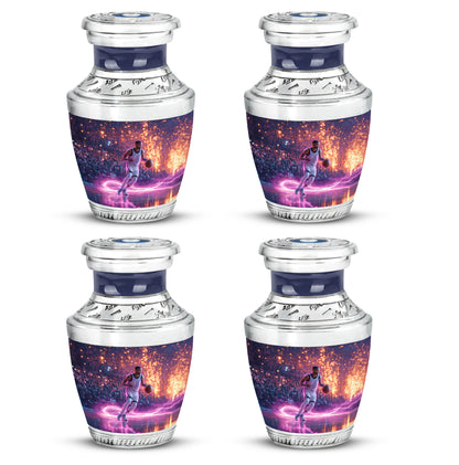 Dusty Blue Basketball Cremation Urn back view with polished surface - contemporary basketball design with modern artistic flair - 10 inch aluminum urn for cremated remains