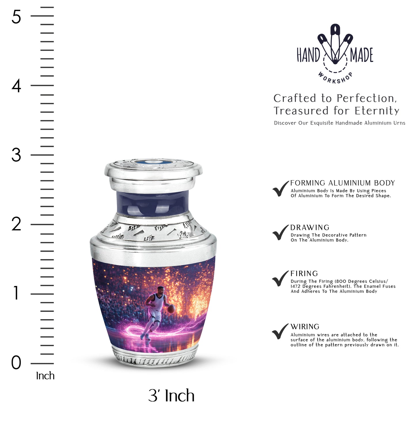 Indigo Basketball Cremation Urn top-down view of secure threaded lid - contemporary basketball design with modern artistic flair - mini keepsake memorial for portion of cremation ashes