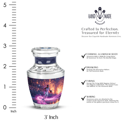 Indigo Basketball Cremation Urn top-down view of secure threaded lid - contemporary basketball design with modern artistic flair - mini keepsake memorial for portion of cremation ashes