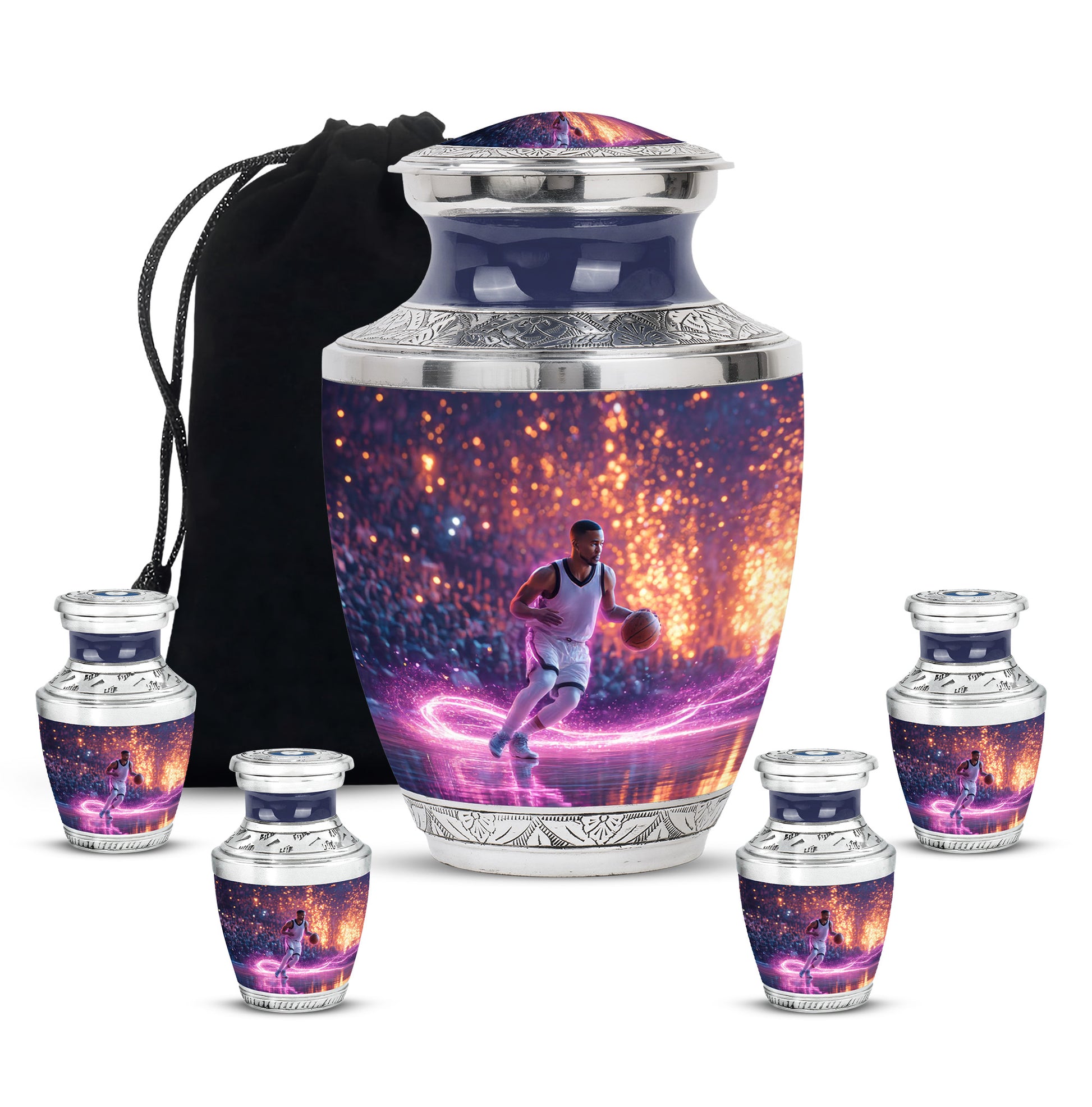 Cobalt Blue Basketball Cremation Urn lifestyle display on memorial shelf - stylized abstract basketball pattern with bold lines - memorial set with one large and four small urns