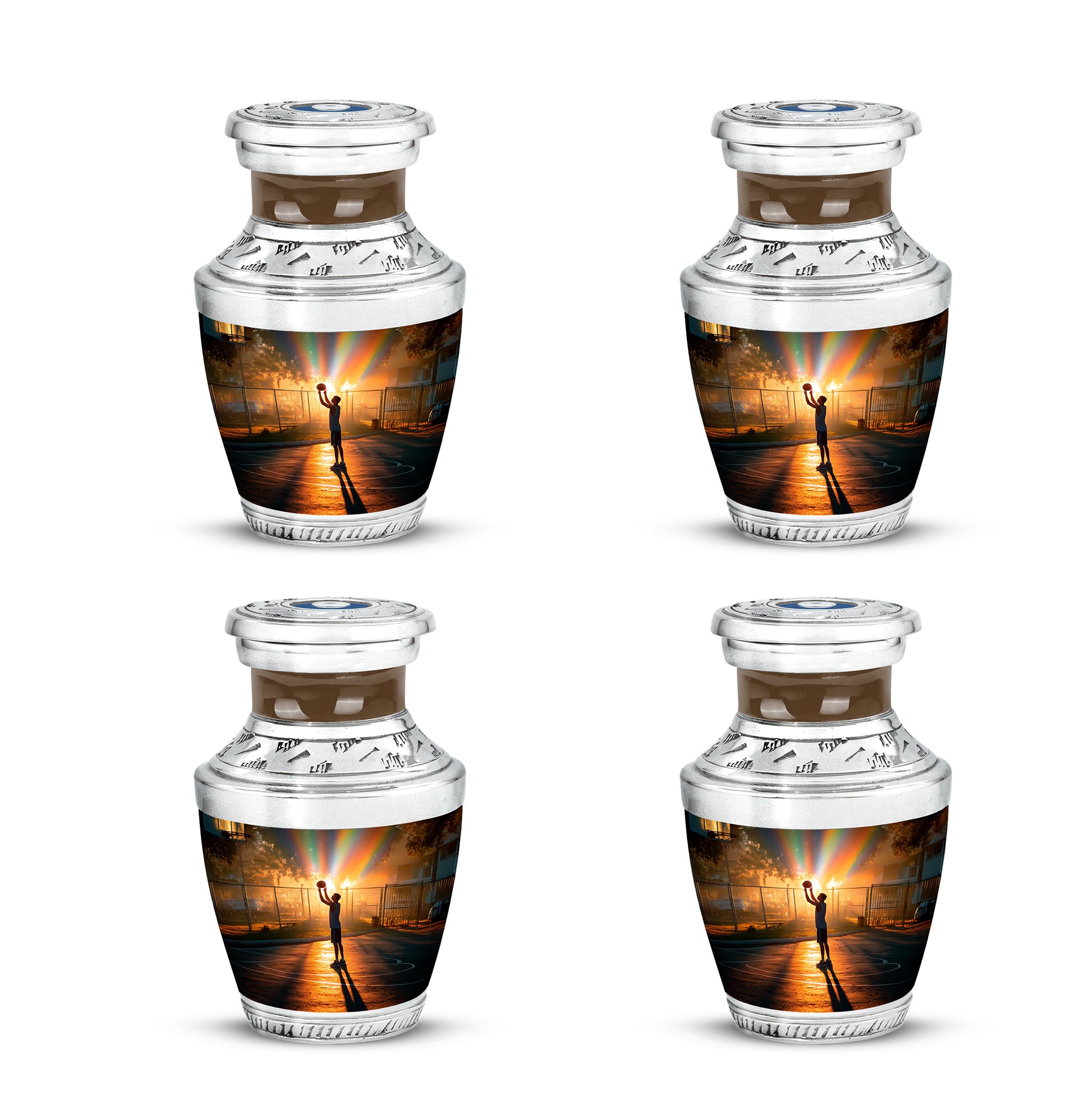 Matte Gold Basketball Cremation Urn back view with polished surface - stylized abstract basketball pattern with bold lines - 10 inch aluminum urn for cremated remains