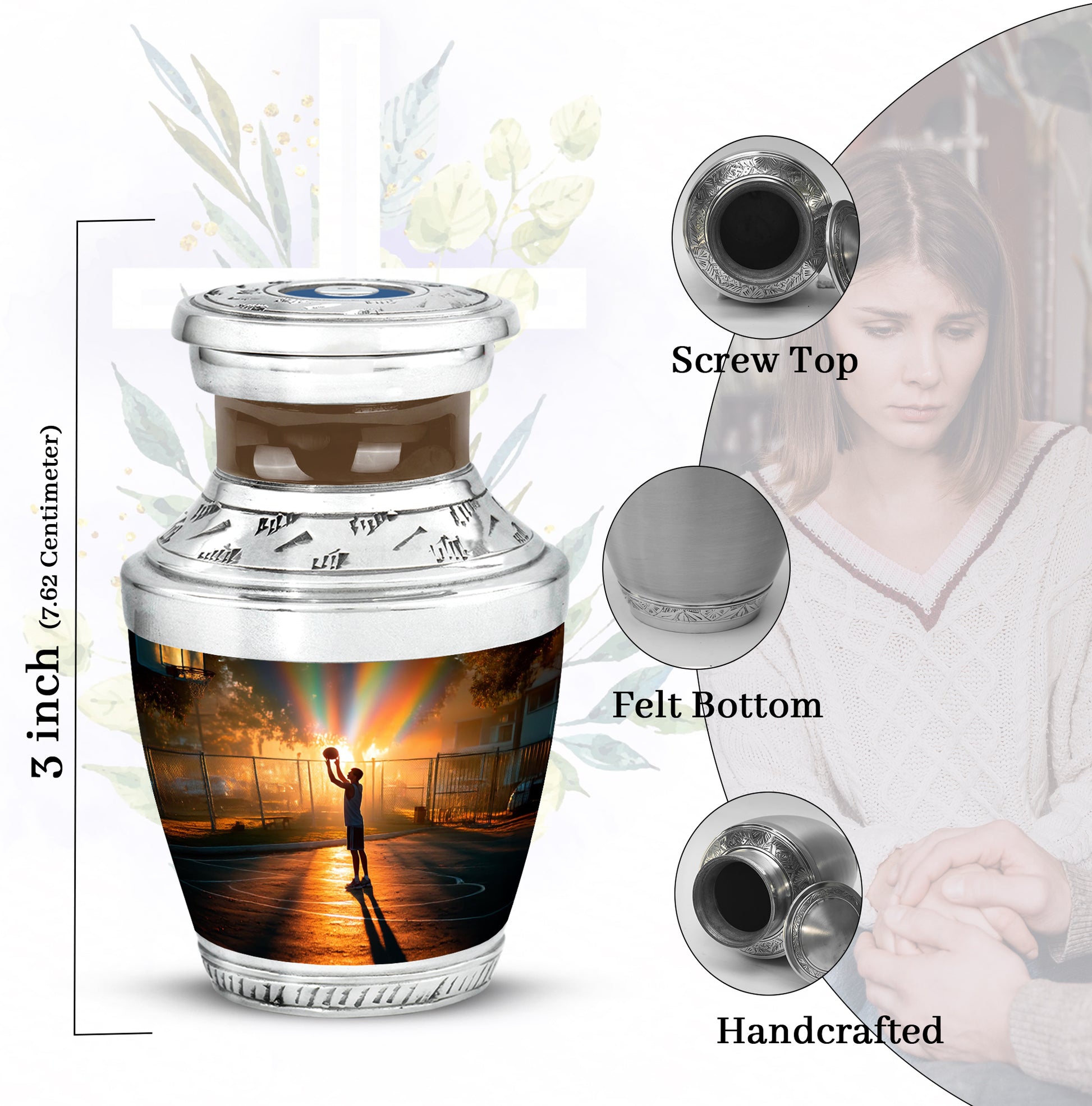 Gilded Gold Basketball Cremation Urn top-down view of secure threaded lid - modern art-inspired basketball motif on sleek aluminum - mini keepsake memorial for portion of cremation ashes