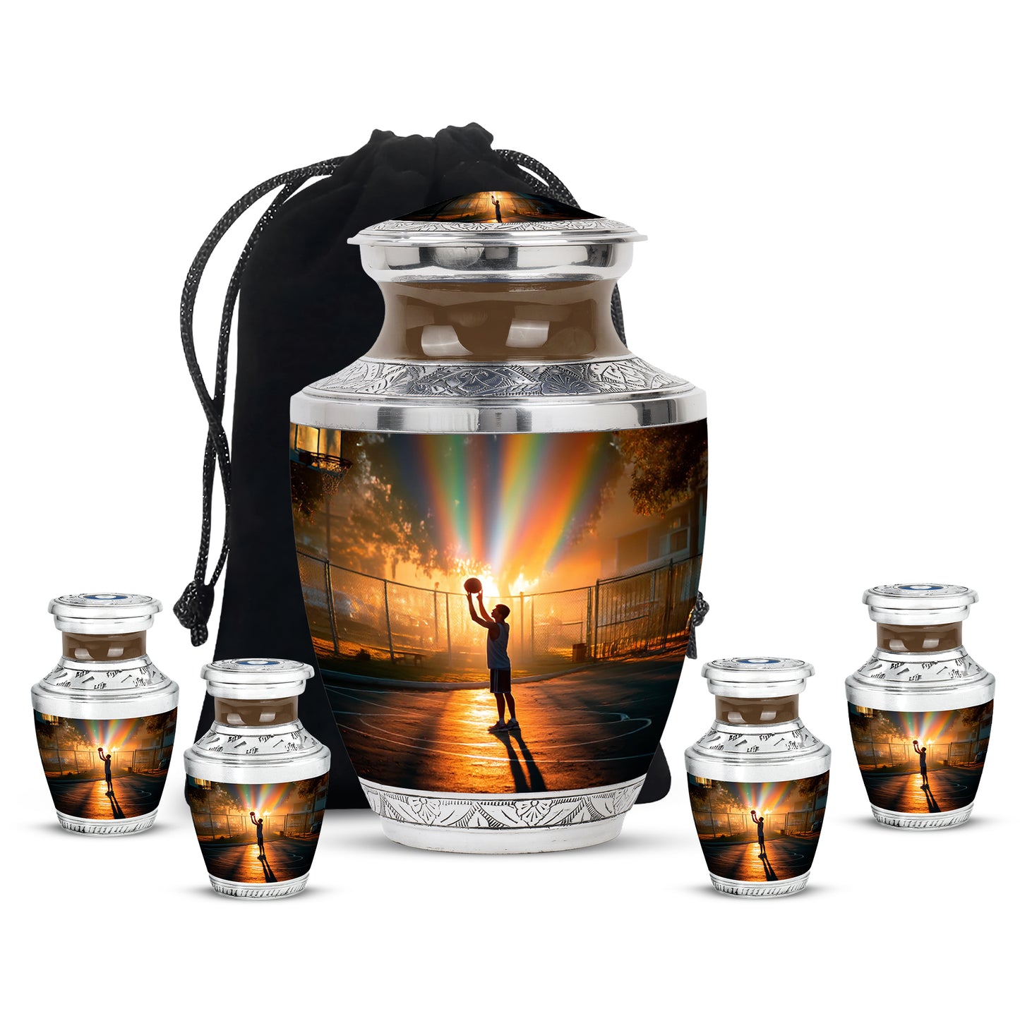 Amber Gold Basketball Cremation Urn lifestyle display on memorial shelf - modern art-inspired basketball motif on sleek aluminum - memorial set with one large and four small urns