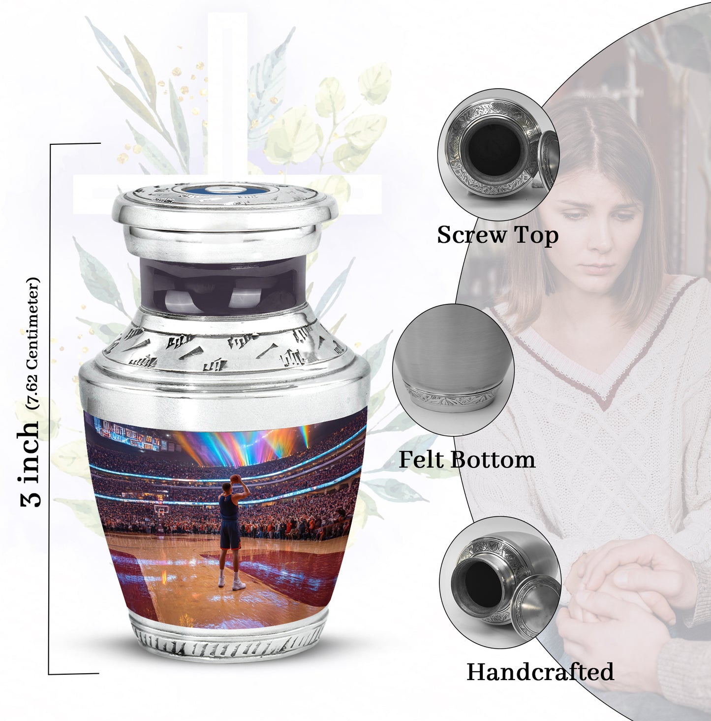 Ebony Basketball Cremation Urn top-down view of secure threaded lid - contemporary basketball design with modern artistic flair - mini keepsake memorial for portion of cremation ashes