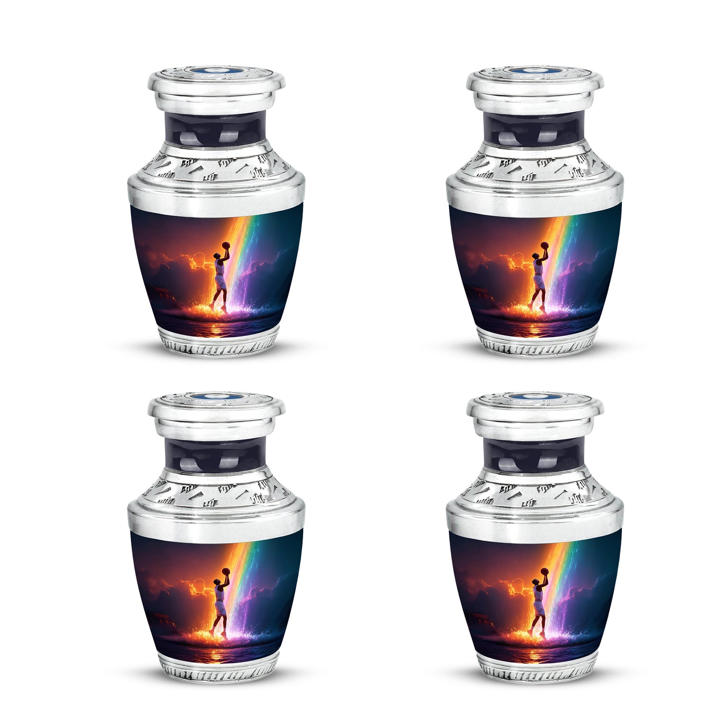 Violet Purple Basketball Cremation Urn back view with polished surface - stylized abstract basketball pattern with bold lines - 10 inch aluminum urn for cremated remains