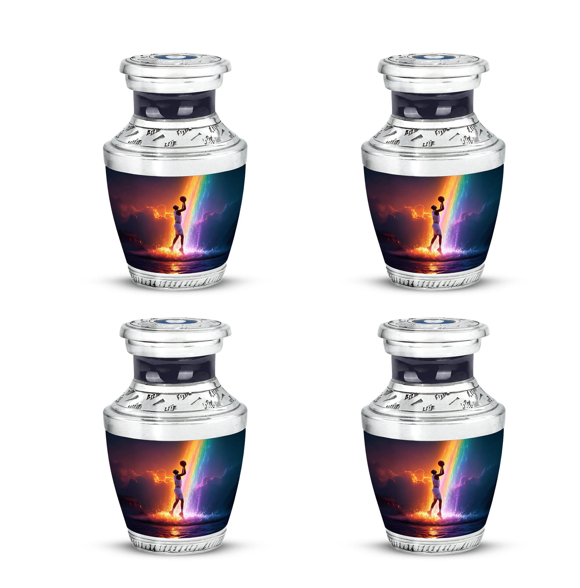 Violet Purple Basketball Cremation Urn back view with polished surface - stylized abstract basketball pattern with bold lines - 10 inch aluminum urn for cremated remains