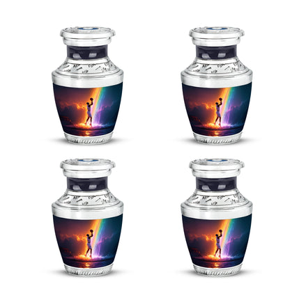 Violet Purple Basketball Cremation Urn back view with polished surface - stylized abstract basketball pattern with bold lines - 10 inch aluminum urn for cremated remains