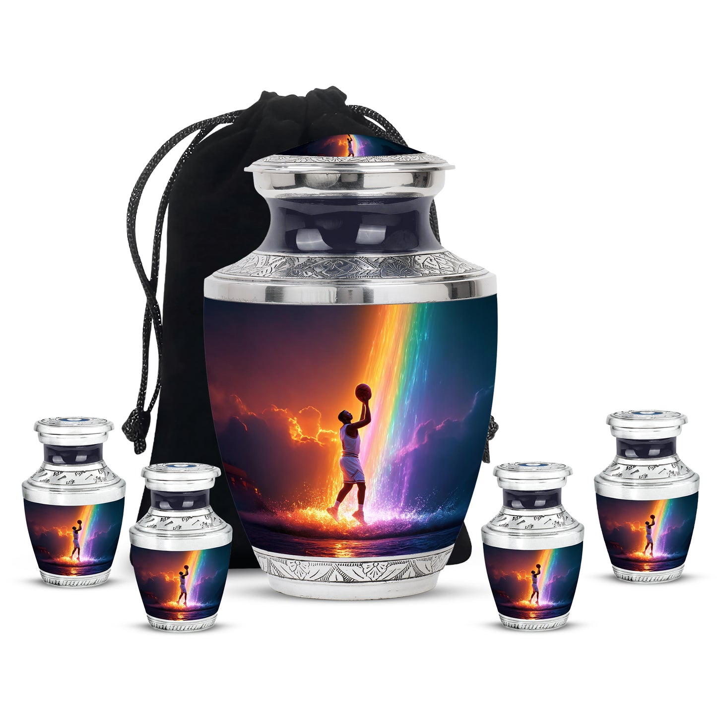 Lavender Purple Basketball Cremation Urn lifestyle display on memorial shelf - artistic basketball interpretation with creative detail - memorial set with one large and four small urns