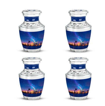 Steel Blue Basketball Cremation Urn back view with polished surface - stylized abstract basketball pattern with bold lines - 10 inch aluminum urn for cremated remains