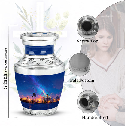 Steel Blue Basketball Cremation Urn top-down view of secure threaded lid - stylized abstract basketball pattern with bold lines - mini keepsake memorial for portion of cremation ashes