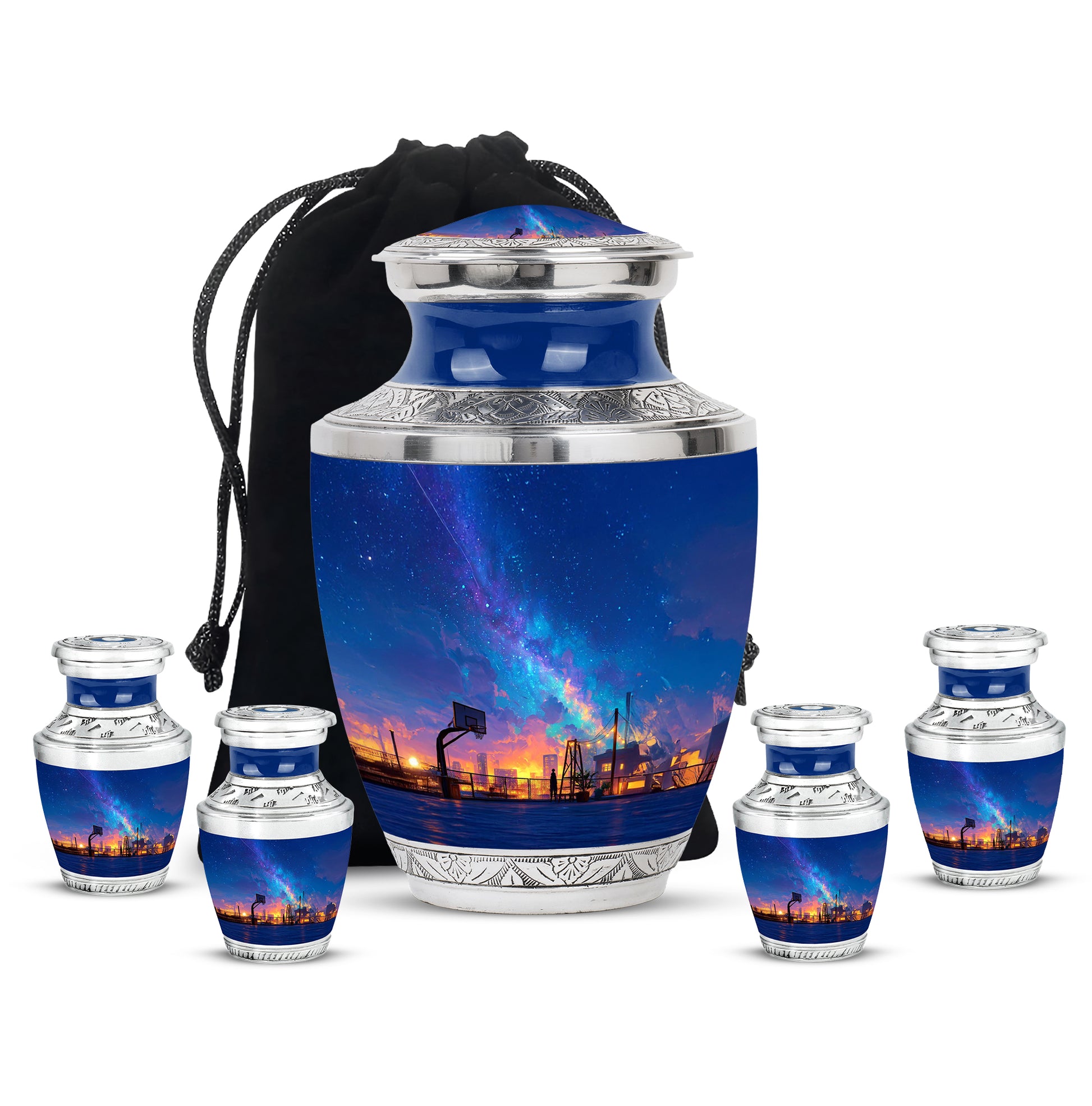 Royal Blue Basketball Cremation Urn lifestyle display on memorial shelf - stylized abstract basketball pattern with bold lines - memorial set with one large and four small urns
