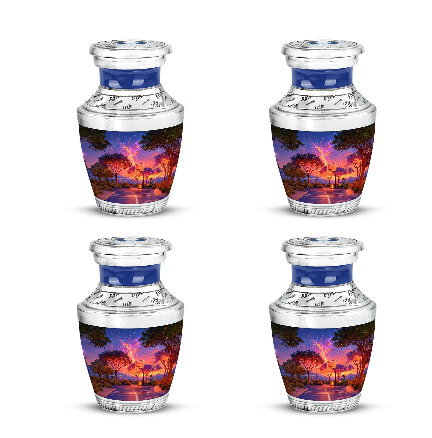 Bright Blue Basketball Cremation Urn back view with polished surface - stylized abstract basketball pattern with bold lines - 10 inch aluminum urn for cremated remains