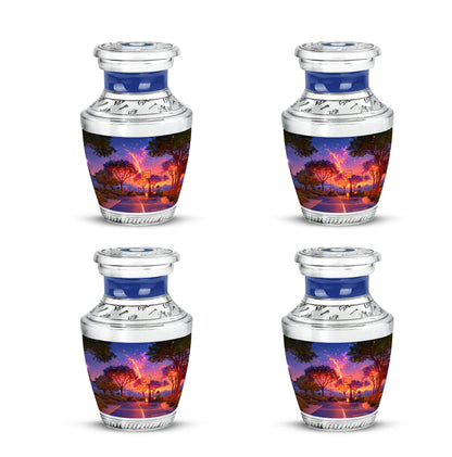Bright Blue Basketball Cremation Urn back view with polished surface - stylized abstract basketball pattern with bold lines - 10 inch aluminum urn for cremated remains