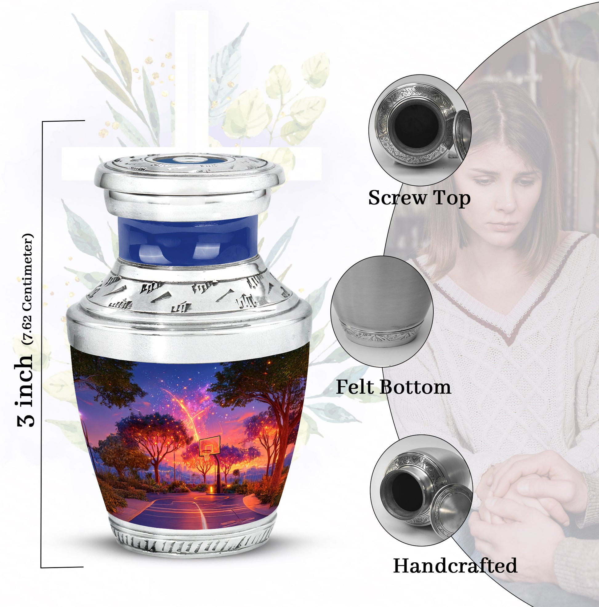 Celestial Blue Basketball Cremation Urn top-down view of secure threaded lid - contemporary basketball design with modern artistic flair - mini keepsake memorial for portion of cremation ashes