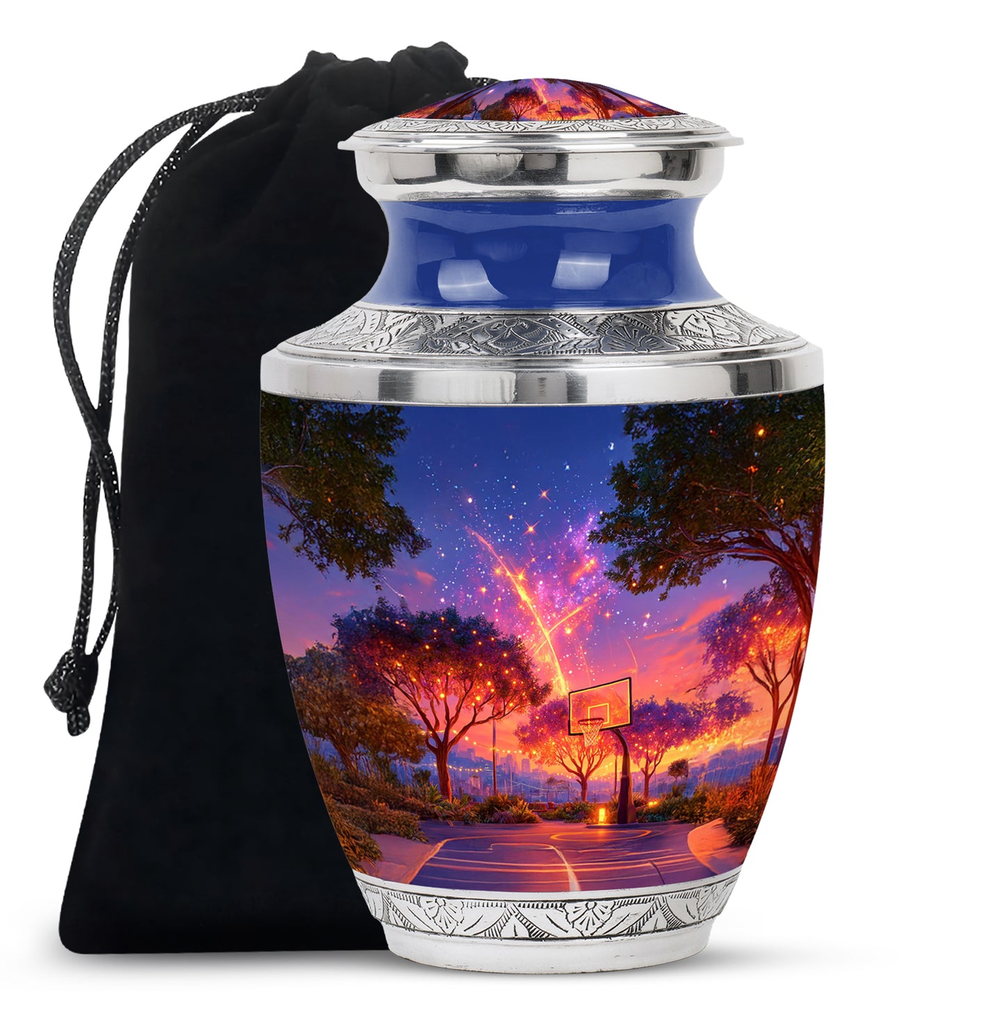 Cornflower Blue Basketball Cremation Urn side profile showing urn shape - artistic basketball interpretation with creative detail - full-size 10 inch 200 cubic inch adult cremation urn