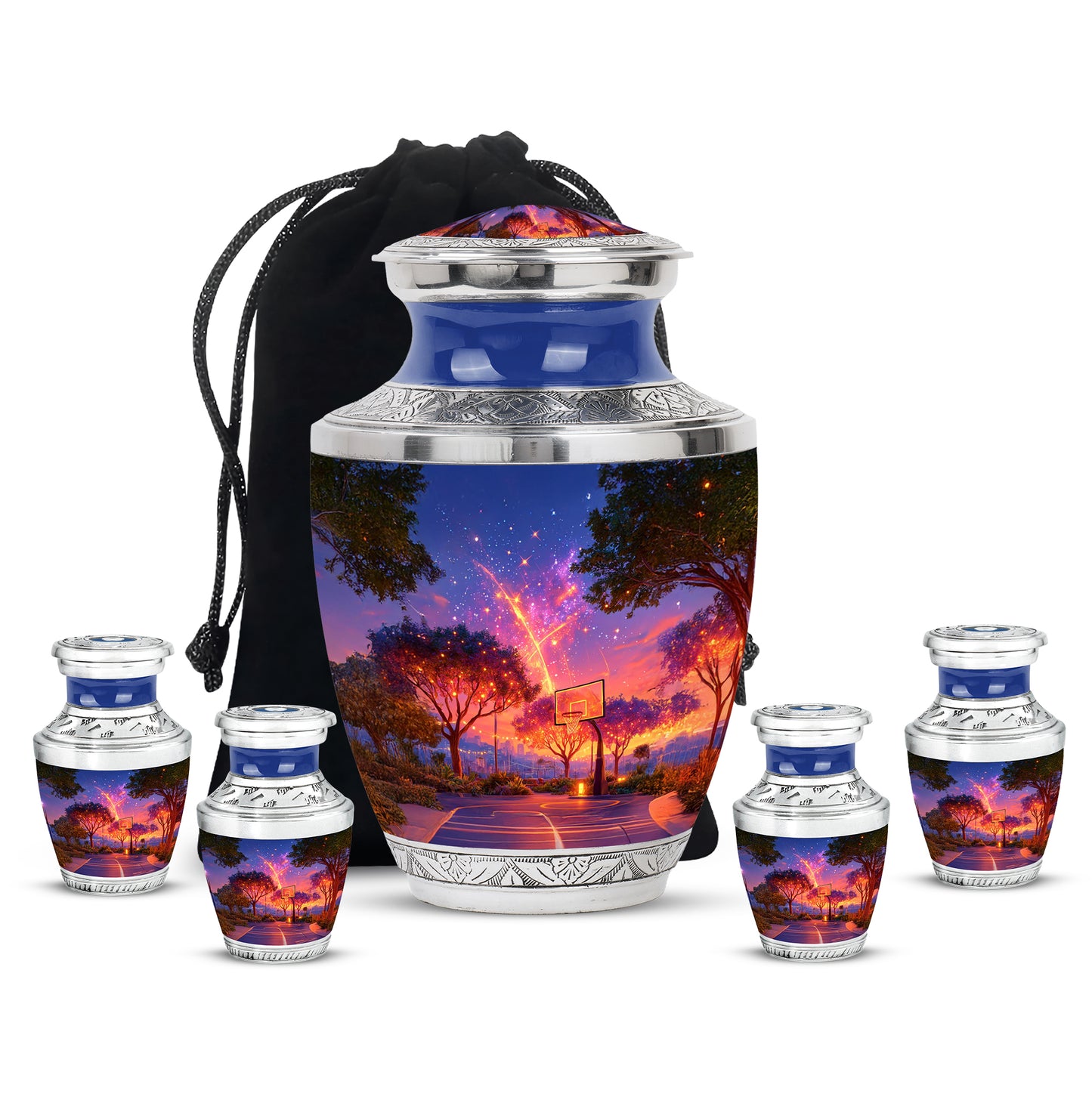 Navy Blue Basketball Cremation Urn lifestyle display on memorial shelf - contemporary basketball design with modern artistic flair - memorial set with one large and four small urns